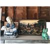 Image 1 : Ceramic bunny, resin outdoor lamb & girl statue, wood 3D landscape Chalet picture