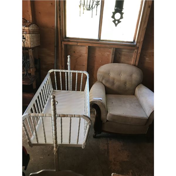 Vintage baby cradle (white), Fabric chair with wood legs