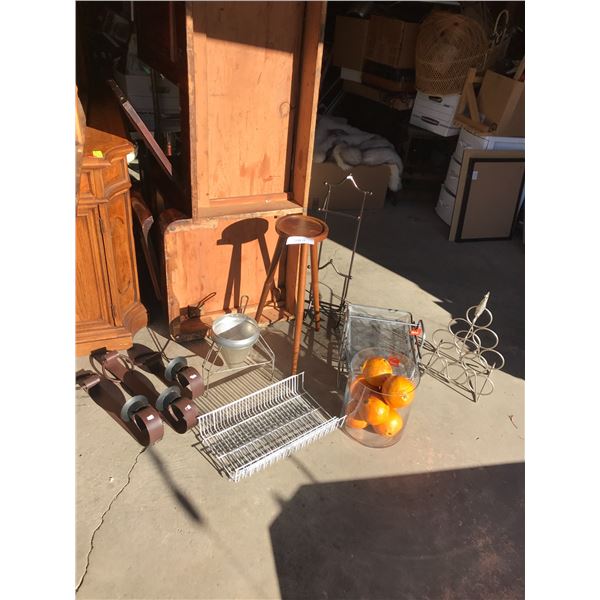 Wood plant stand, wood table (circular, small), wine holder (metal), desk paper holder (3 tier), pla