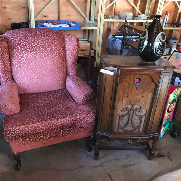Red and gold upholstered wingback chair, Radio cabinet (no electronics) & Ceramic vase (black)