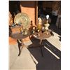 Image 1 : Brass plate decor, oil lamp with bulb, 2 round wood tables, Double-candle holder, 2 decorative balls