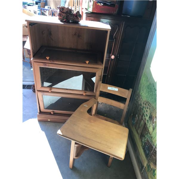 Wood display cabinet (3 door with glass), children's vintage school desk, ornament, home decor