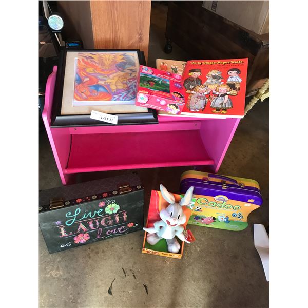 Paper dolls, Dora shoe rack, Bugs Bunny toy, dragon picture, Asst games