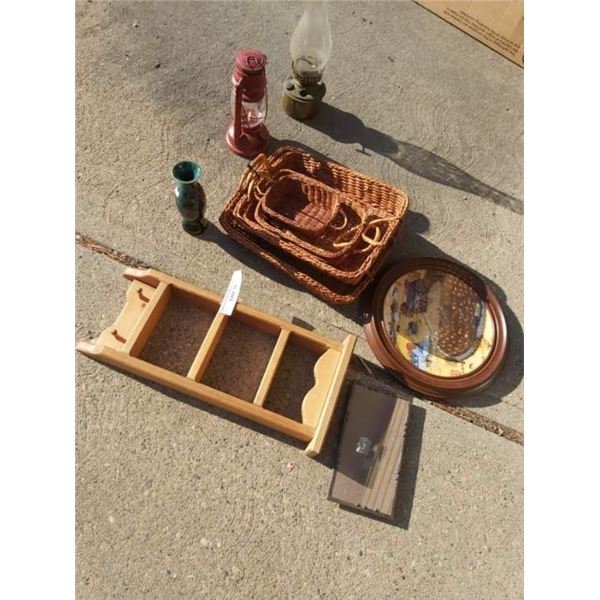 Wicker baskets (square, variety of sizes), wall hanging (with hooks), 2 hurrican lamps, glass/mirror