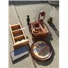 Image 2 : Wicker baskets (square, variety of sizes), wall hanging (with hooks), 2 hurrican lamps, glass/mirror