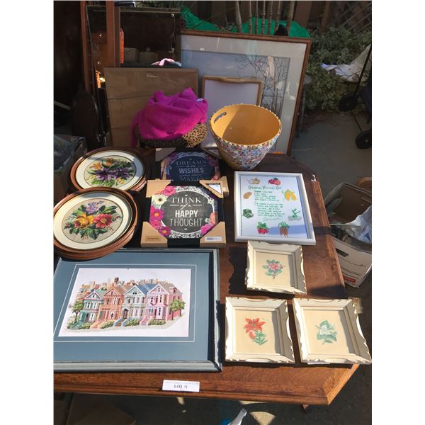 Asst petit point and cross-stitch pictures, Vietnam vase, asst pictures/prints