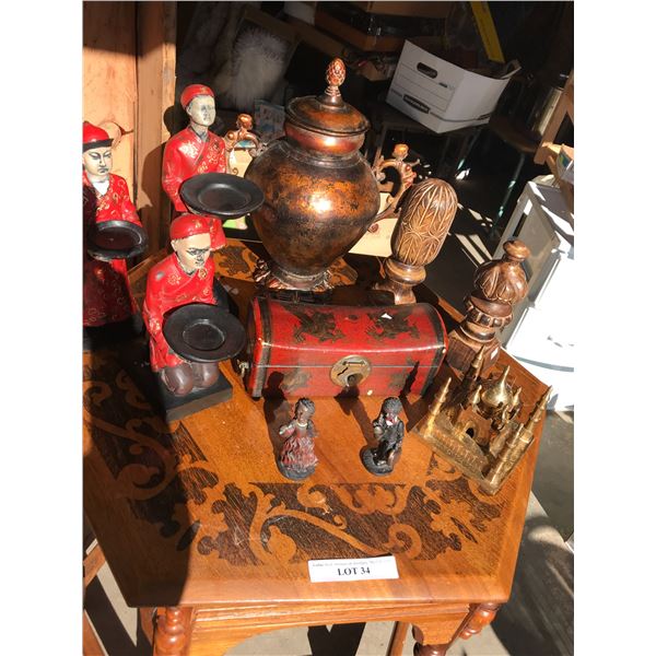 Asst home decor, figurines, 3 Asian candle holders, metal urn, wood decor