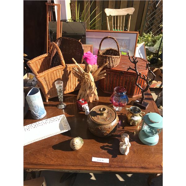 Asst baskets, wood angel, candle infuser, brass pot, kettle, hurricane lamp, ceramic baby figurine, 