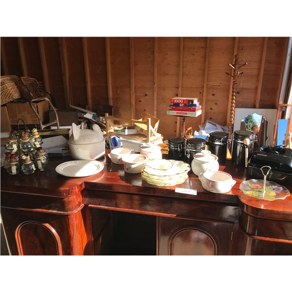 Spice rack, soup tureen, turkey casserole dish, electric knife, Black & Decker mixer, asst kitchenwa