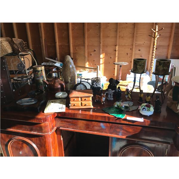 Royal Doulton flower ornament, stain glass angel, copper kettle, asst home decor