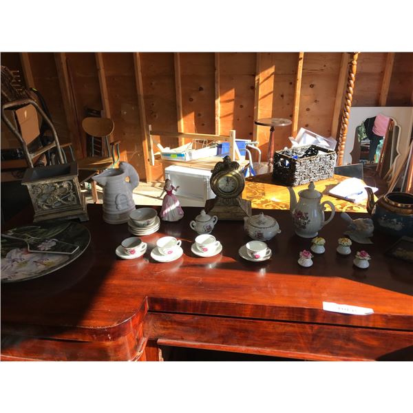 Royal Doulton "Vicky" figurine, Royal Adderley salt & pepper shakers, children's tea set, asst home 