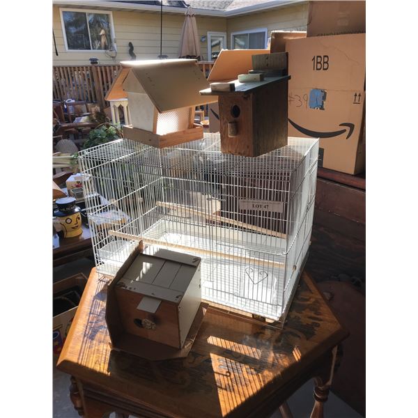 Bird cage, bird houses/feeders (x2)