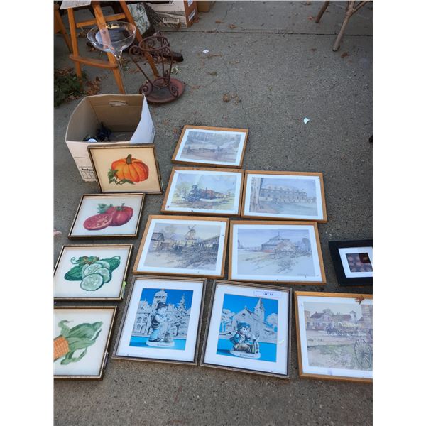 Hummel prints (x2, framed), Meredith Evans prints (x6, framed), Cross stitch images (x4, framed)