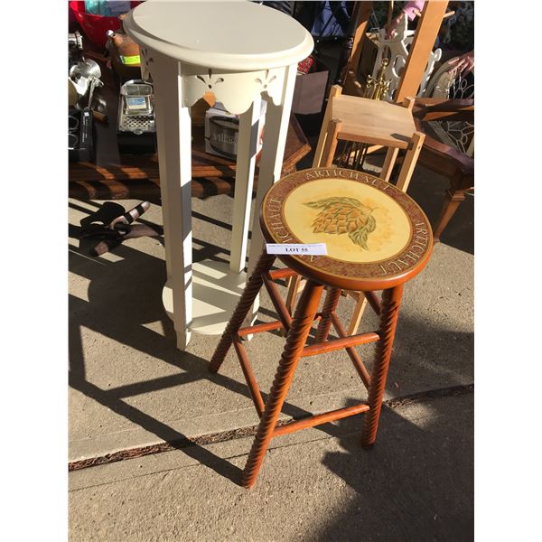"Artichaut" hand painted wood stool and plant, Round white stool/table, Plant stand