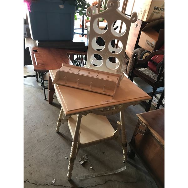 White wood table , wine rack, white wood coat hook cabinet (small)