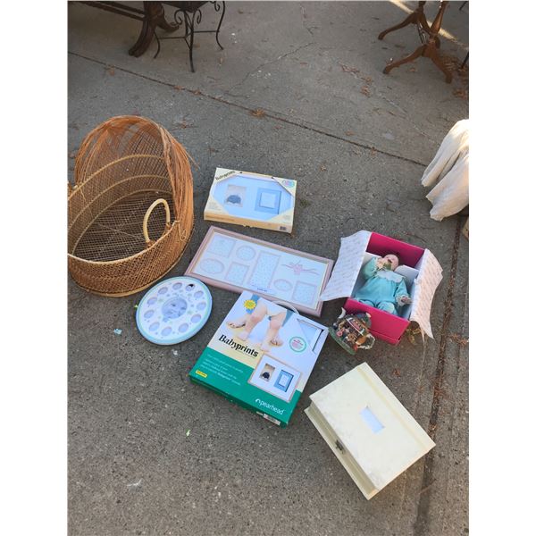 Bassinet, baby frames, card box (greeting), bunny piggy bank, "My First Tooth" Kathy Barry-Hippenste