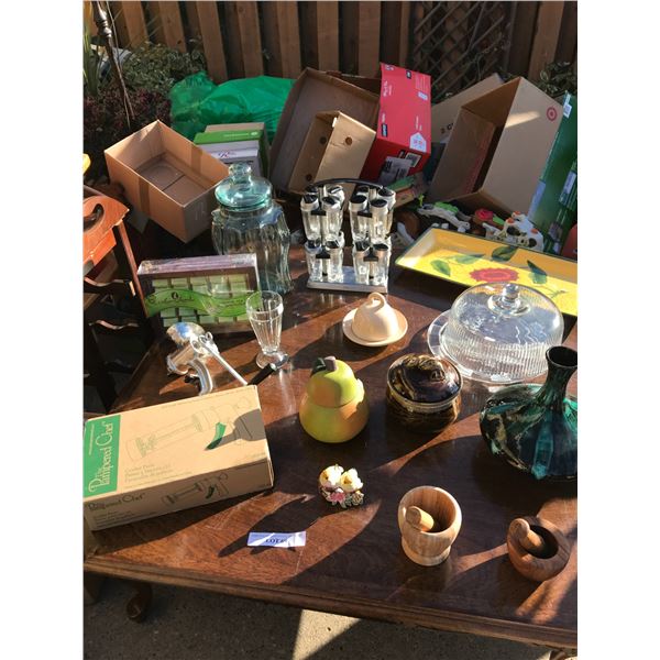 Glass water dispenser, glass cake plate, meat grinder, tray, Pampered Chef cookie press, spice grind