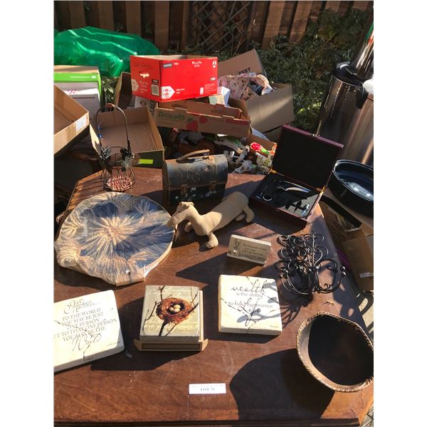 Asst wall art, home decor, bean bag dog, corkscrew opener, hand painted lunch box, wine holder, meta