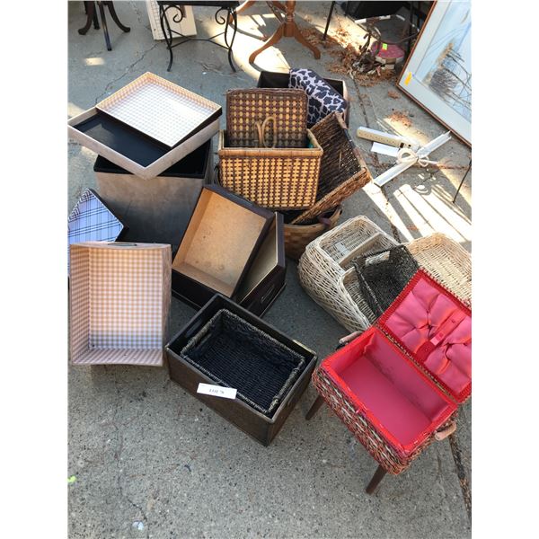 Asst boxes and storage boxes, sewing basket with legs