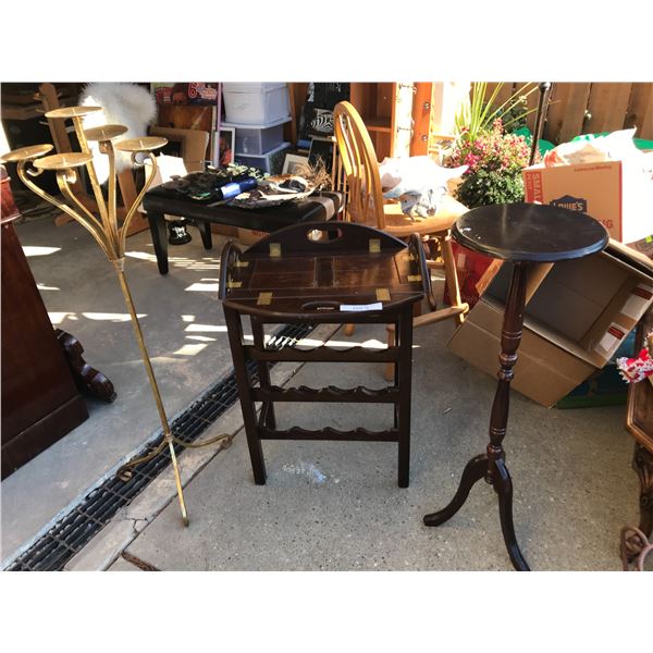 5-candle tall holder (brass coloured), wood plant stand, wooden wine rack (needs repair)