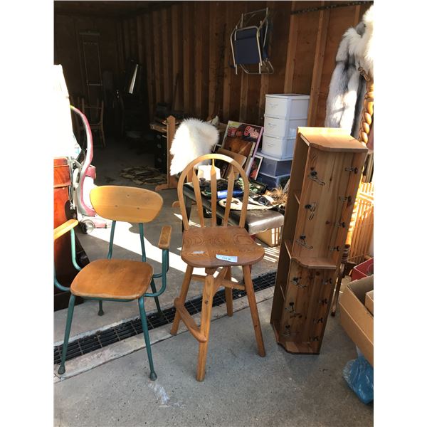 metal frame chairs with arms (x2), wood chair with foot rest, coat rack (wooden, with shelf, for wal