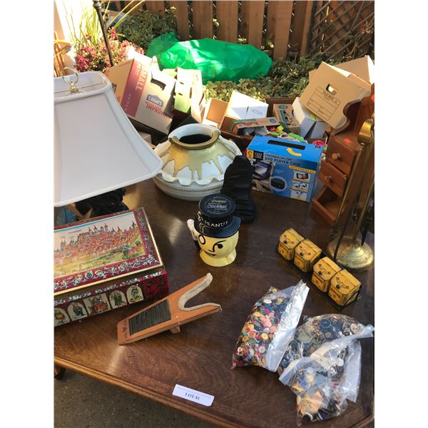 Brass iron fireplace, spice rack, vintage Mr. Peanut canister, DVD player case, elephant ramp, tin b