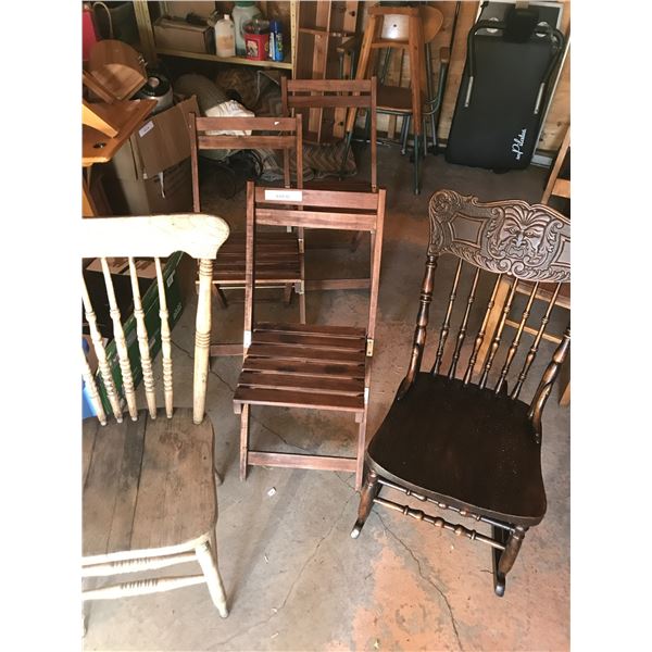 Asst wood folding chairs (x3), wooden rocking chair (ornate, carved)