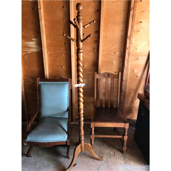 Wood coat rack (standing),blue upholstered rocking chair (minor damage)