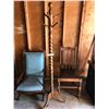 Image 1 : Wood coat rack (standing),blue upholstered rocking chair (minor damage)