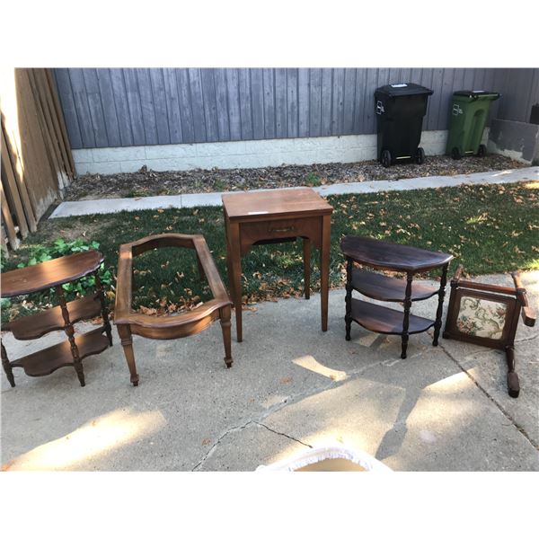 Wooden sewing table with storage, coffee table (missing glass), 2 wood end tables & parts for chair