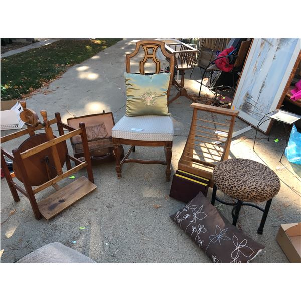 Wool spinner, vintage suitcase, upholstered wood chair, magazine rack, magazines (National Geographi