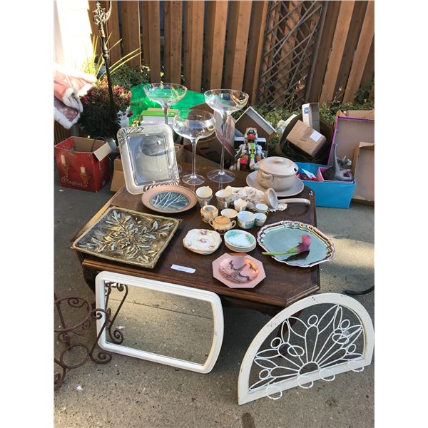 Giant margarita glasses, tea sets (mixed), ceramic ladle, ceramic soup bowl with plate,, serving tra