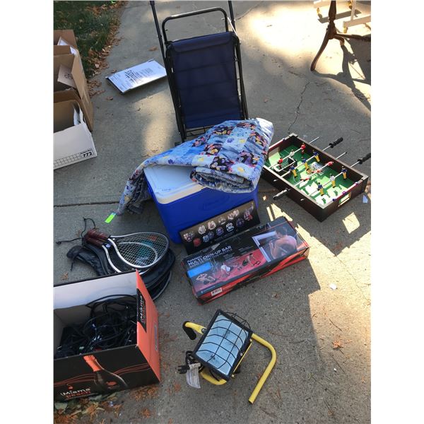 Coleman cooler, quilt (homemade), tabletop soccer ball game, racquetball rackets (x4, x2 cases), mul