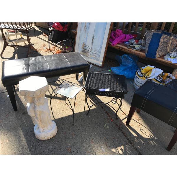 Wicker table, decorative glass table with metal frame and legs, white cherub decor (plant pedestal),