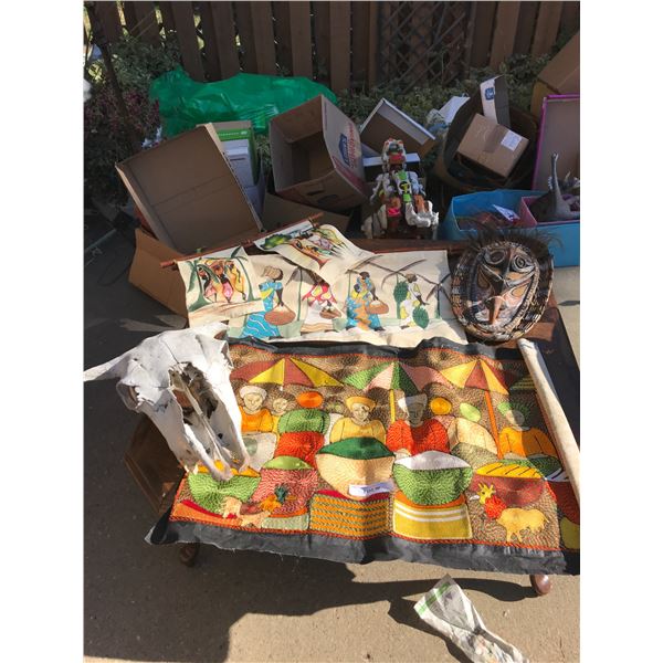 African art (wall hanging), African wood & feather mask, woven wall art, cow skull, framed mini Afri