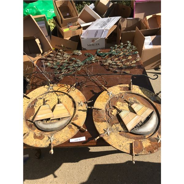 Nautical wall art (x2), wine bottle holder (hanging), peacock metal wall hangings (x4)