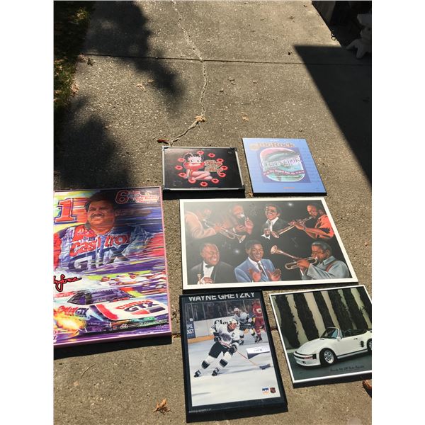 Framed prints/photos incl: Wayne Gretzky poster, Porsche 935 DP Turbo Cabriolet, Big Rods, Betty Boo