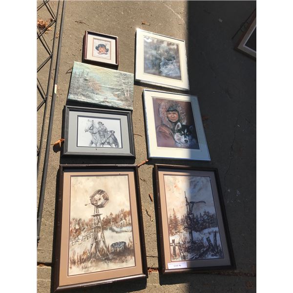 B. Payne Paintings (x2, framed), petit point/cross stitch native girl (framed), Inuit prints (x2), a