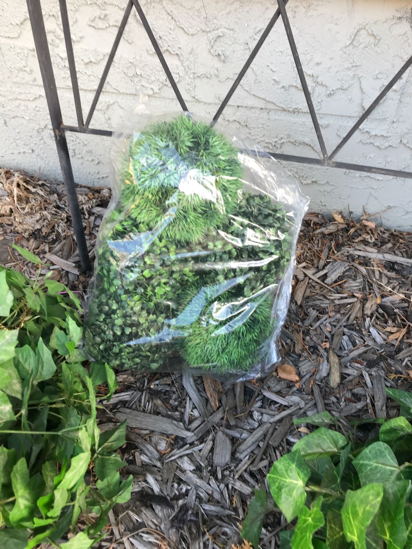 Metal garden trellis, artificial plants (x2, silk), greenery artificial