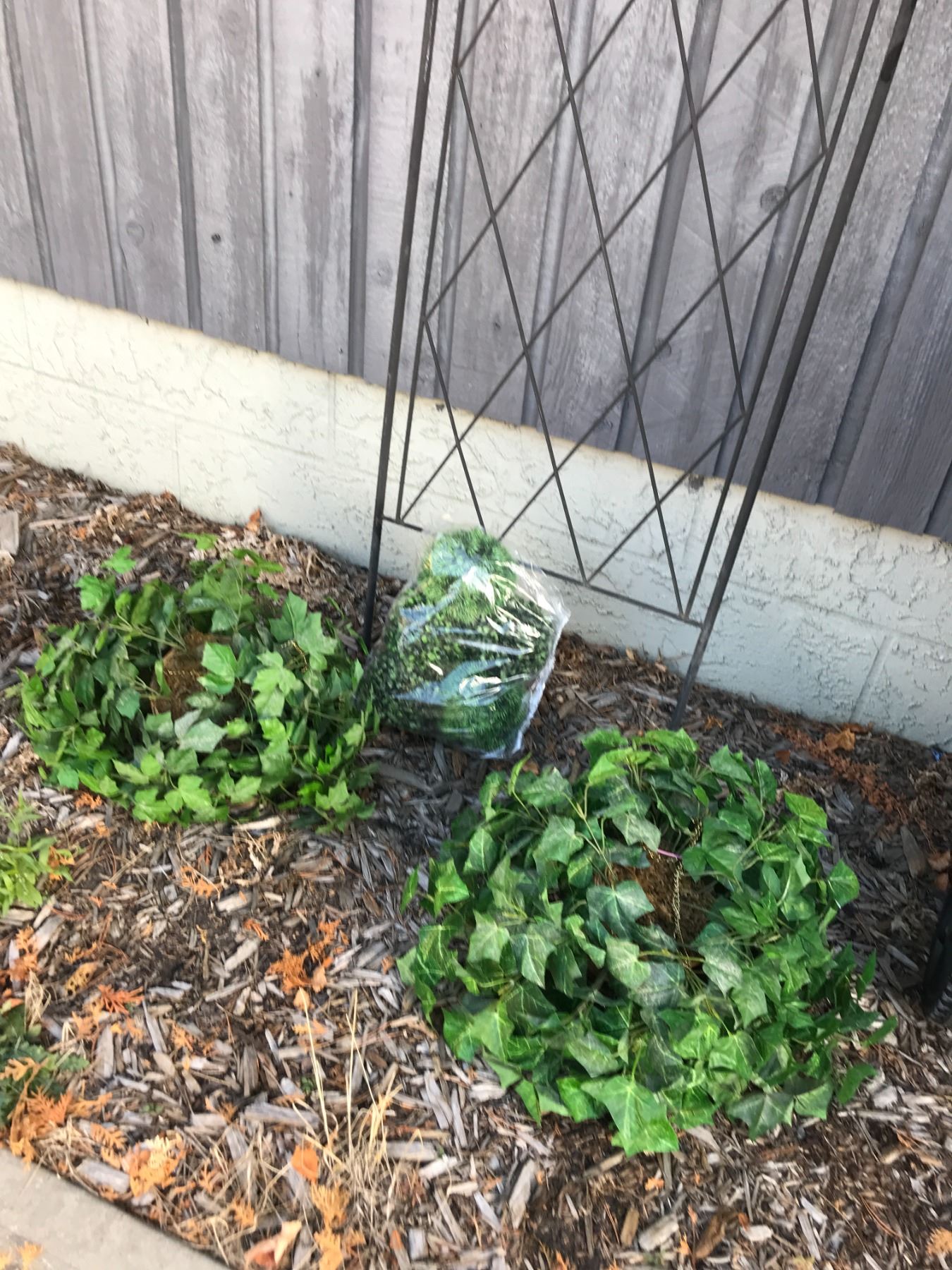 Metal garden trellis, artificial plants (x2, silk), greenery artificial