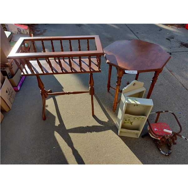 Wooden planter, octagonal table , wooden painted message/key holder box, antique child bicycle seat 