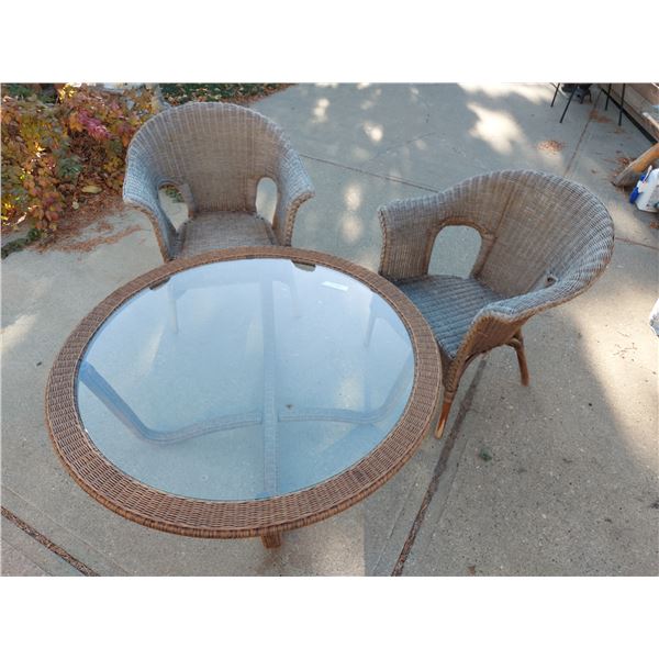 Outdoor wicker, glass-topped, round table , 2 chairs