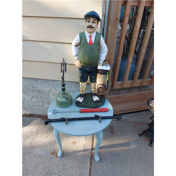 Golfer lawn ornament, round wooden table, vintage bicycle pump, vintage oil lantern base, vintage wa
