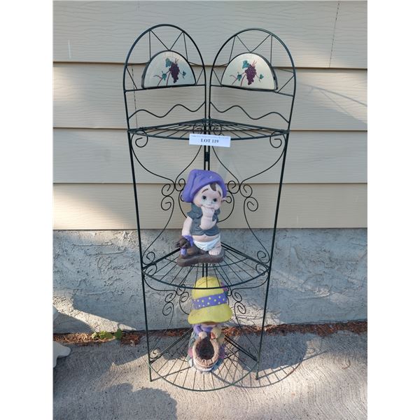 3-tier metal garden shelf, 2 ceramic garden figures