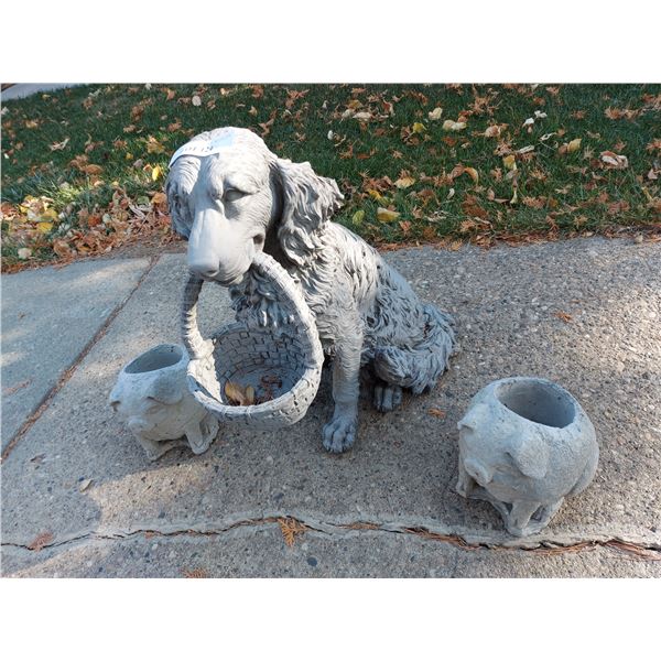 2 concrete pig planters, plastic dog (retriever) with basket figure