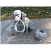 Image 1 : 2 concrete pig planters, plastic dog (retriever) with basket figure