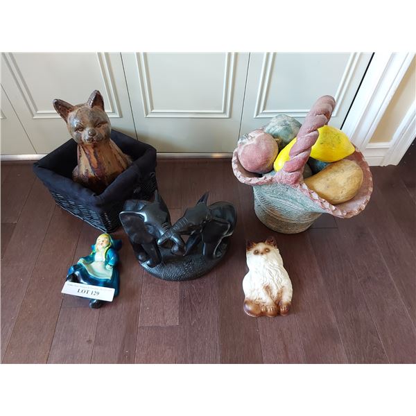 Asst home décor - elephants, cats, dutch girl, clay fruit basket
