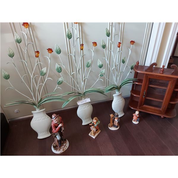 Asst home décor - incl. porcelain figurines, metal floral wall structures, mini display cabinet