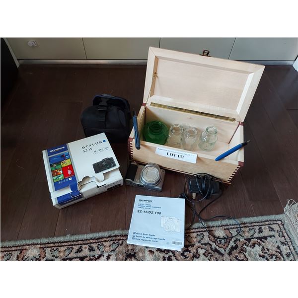 Olympus SZ15 digital camera with case and charger. 4 inkwells (empty) and 2 fountain pens. Wooden de