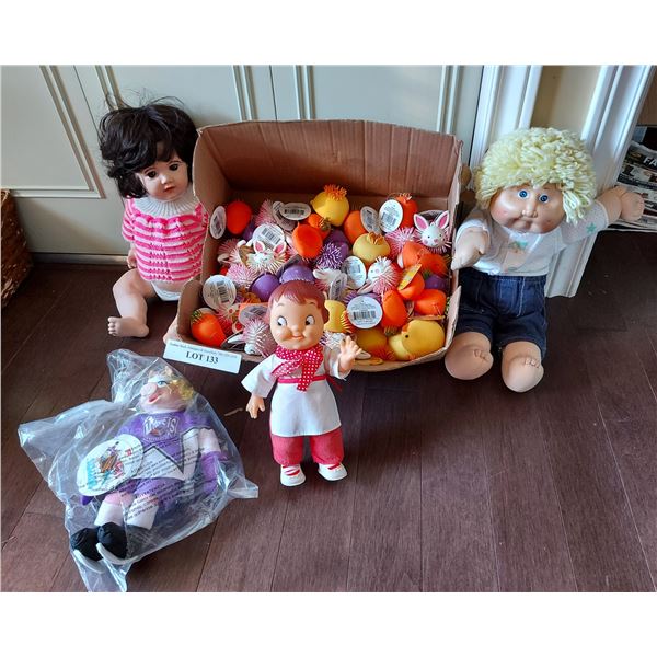 Asst dolls - Cabbage Patch, Campbell Soup, Miss Piggy, porcelain doll with joints. Stress balls.